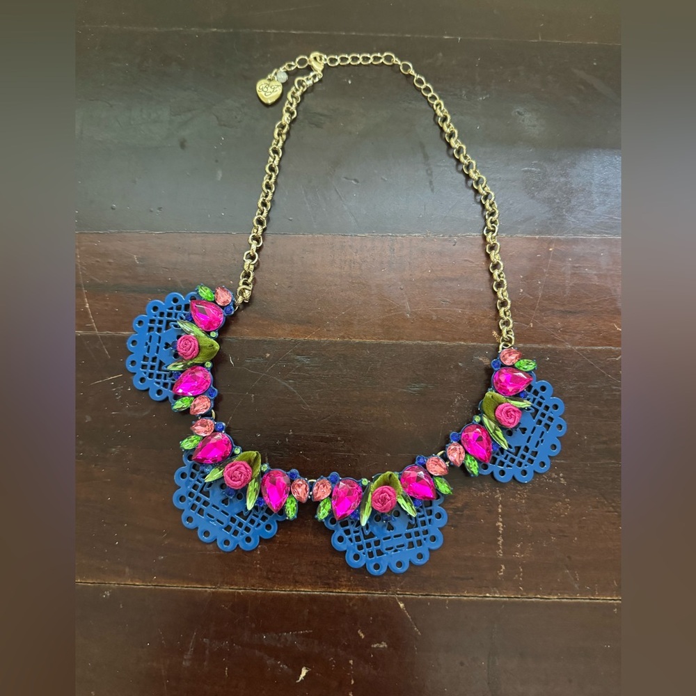 Betsey Johnson Blue Enamel Cutout Metal~Crystal & Fabric Rose Bib Necklace